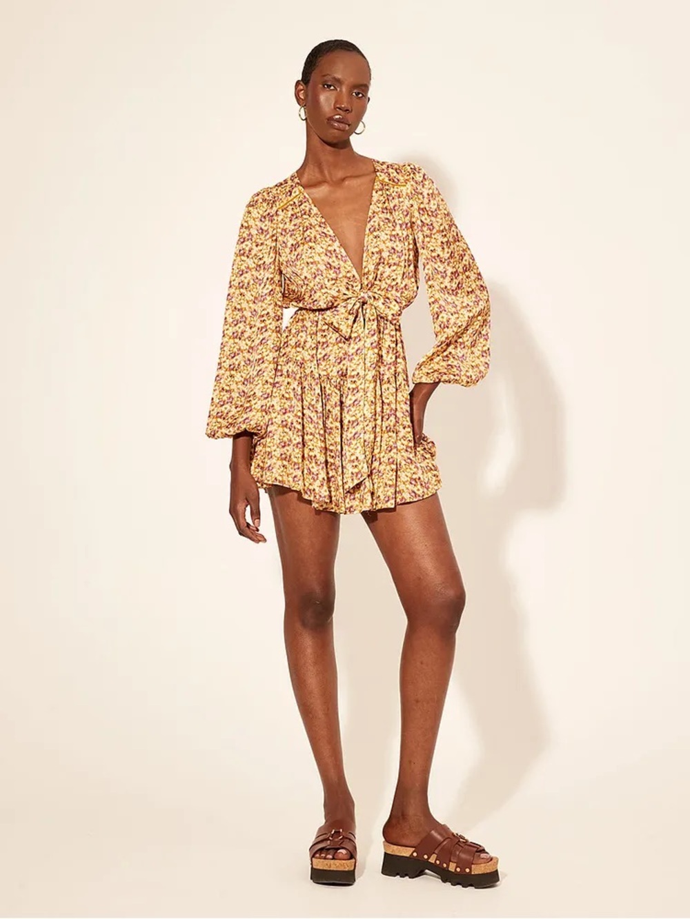 KIVARI Mia Tie Front Floral Mini Dress Golden Ditsy Size 10